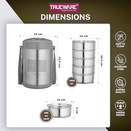 Image of Trueware Legend 5 Stainless Steel PU Insulated Hot and Cold Lunch Box with 5 SS Container 300 ML Each