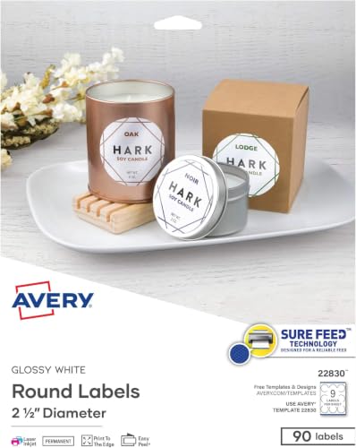 Image of Avery Printable Round Labels with Sure Feed,2.5 inch Diameter,Glossy White,90 Customizable Labels (22830),(Pack of 5)