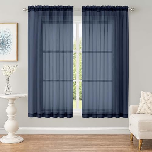 Image of OWENIE Sheer Navy Blue Curtains, Sheer Curtains 63 inch Length 2 Panels Set, Rod Pocket Voile Fimly Sheer Drapes for Living Room Bedroom, 2pcs, Navy Blue, Each 59 inch W x 63 inch L