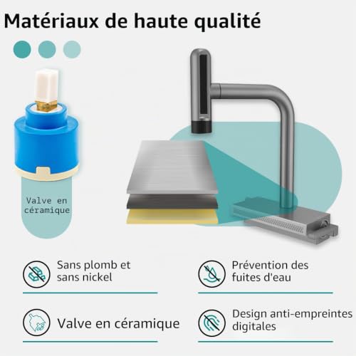 Mitigeur Cuisine Cascade avec Douchette Extensible et 7 Modes de Jet