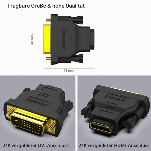 BENFEI DVI-D DVI zu HDMI Adapter, DVI zu HDMI Bidirektionaler Stecker zu Buchse, Konverter mit vergoldetem Kabel, 2er Packung