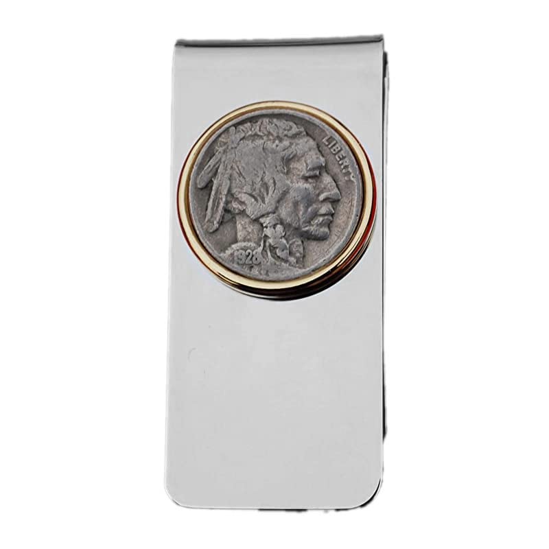 US 1928 Indian Head Buffalo Nickel 5 Cent Coin Solid Brass Two Toned Money Clip New - High Quality