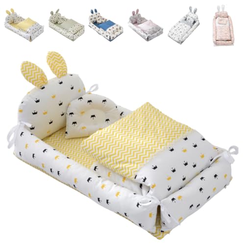 ShineLuxeベビーベッド 新生児 添い寝 枕付き ベッドインベッド 簡易ベッド 持ち運び 携帯型ベビーベッド ウサギの耳の形 かわいい ベビー布団 通気性 取り外し 洗える可能 0-8ヶ月 出産祝い (85*50*12CM,クラウン【4点セット】)