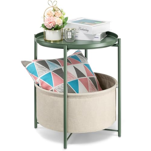 Image of danpinera Round Side Table with Fabric Storage Basket, Metal Side Table Small Bedside Nightstand with Removable Tray for Living Room, Bedroom, Nursery, Dark Green