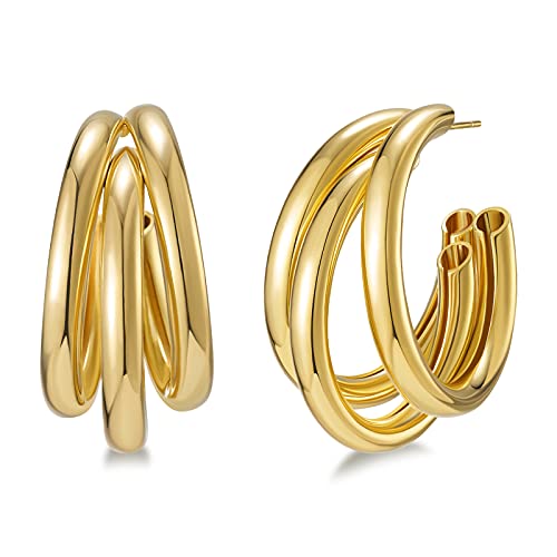 SWEETV 30mm Chunky Hoop Earrings for Women Thick Gold Medium Triple Sterling Silver Open Hoop Earring