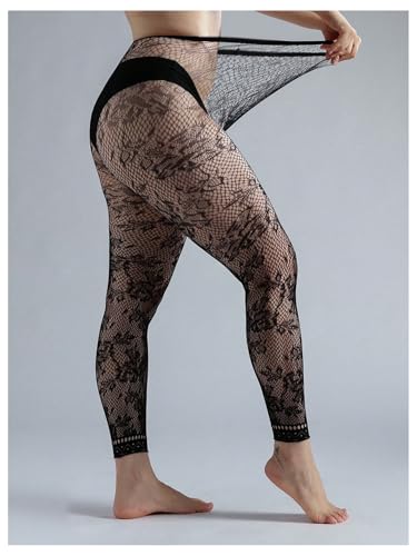OYOANGLE Women's Lace Fishnet Footless Tights See Through Pantyhose High Waisted Sheer Leggings2