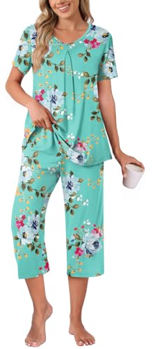 Anyally Women's Summer Capri Pajama Set Short Sleeve Shirt and Pajama Pants 2 Piece Ladies Pjs Sets