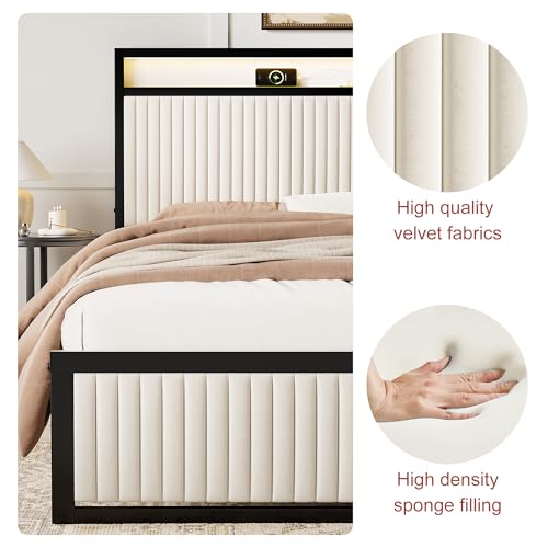Image of ROLETALENT King Bed Frame with Headboard and Storage 2 Drawers Upholstered Bed Frame King Size with Charging Station & LED Velvet Platform Bed Frame Metal Support No Box Spring Needed Beige