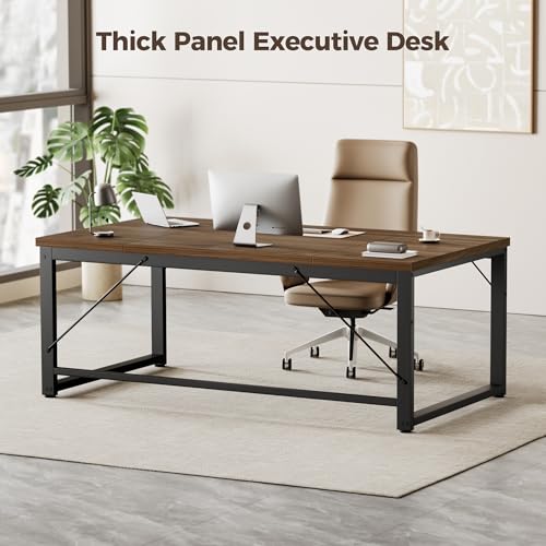 Image of Mericonia 63x28 Inch Computer Desk, 1 inch Thick Large Office Table, Walnut | Modern Simple Style, Heavy Duty Industrial Frame, Large Study & Writing Table for Home Bedroom Work