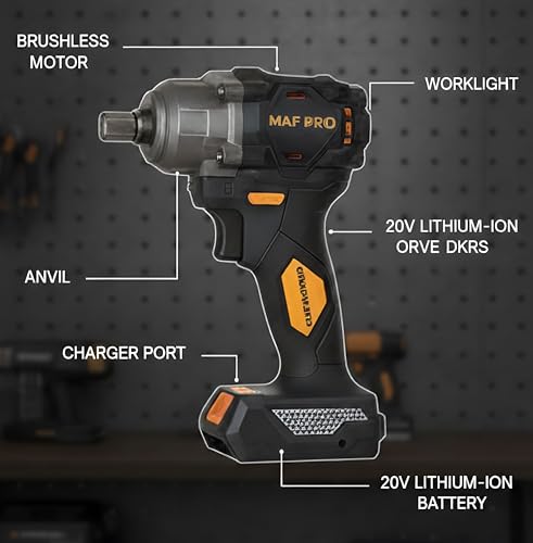 Image of Maf Pro CIWLI40010K Cordless Impact Wrench 400Nm, 20V Brushless, 1 /2 Inch Drive, Dual 4.0Ah Battery, Variable Speed, Car Tyre Removal, Wheel Nut and Bolt Tightening Tool, 6 Months Warranty