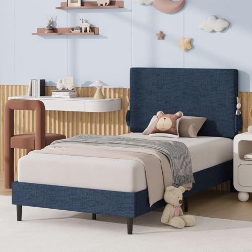 BarnFurin Twin Bed Frame with Headboard, Chenille Fabric Upholstered Platform Bed with Strong Wooden Slats, Kids Twin Bed Frame, No Box Spring Needed, Noise Free, Easy Assembly, Blue