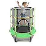 55'' Kids Trampoline Large Free-Noise Trampoline for Kids Foldable Fitness Bouncer with Safety Enclosure Net and Pad Bulit-in Zipper Frame Cover Jumping Training Indoor Outdoor Activities,Green