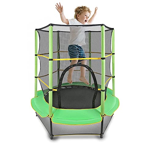 55'' Kids Trampoline Large Trampoline for Kids Foldable Fitness Bouncer with Safety Enclosure Net and Pad Bulit-in Zipper Frame Cover Heavy Duty Steel Jumping Training Indoor Outdoor Activities(green)