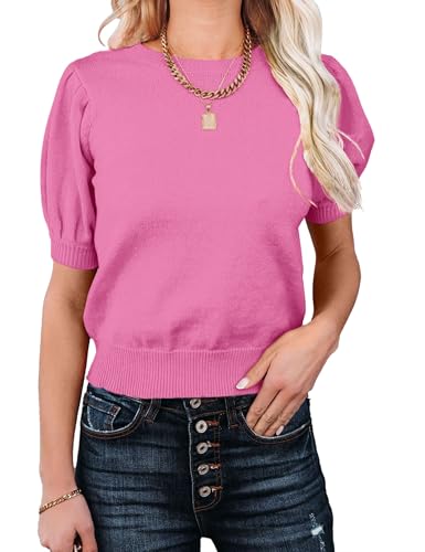 Image of Womens Puff Short Sleeve Sweater Tops Crewneck Basic Knit Pullover Lightweight Casual Sweaters