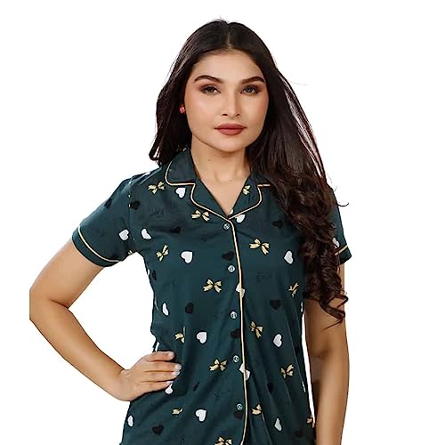 Image of Foxy Night Dresses for Women Cotton Night Wear Loungewear Printed Button-Closure Collar Shirt and Pyjama Set Comfortable Sleepwear Two Piece Night Suit Casual Wear