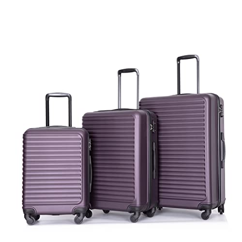 3 Piece Luggage Sets ABS Lightweight Suitcase with Two Hooks, Spinner Wheels, TSA Lock, (20/24/28) PURPLE2