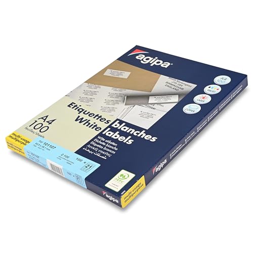 AGIPA Multi-Purpose White Labels A4 Sheets 63.5x38.1mm Stickers 100 Sheets with 21 Labels -APLA101107