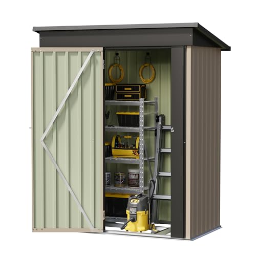 Image of Devoko 5 x 3 FT Storage Sheds with Floor Frame, Waterproof Garden Tool Shed with Lockable Door, Outdoor Metal Small Shed for Backyard Patio Lawn, Brown