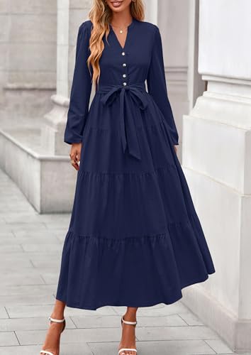 PRETTYGARDEN Fall Dresses for Women 2025 Long Sleeve V Neck Belted Ruffle A Line Flowy Boho Maxi Wedding Guest Dress Pockets2
