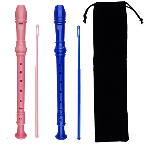 Kasteco 2 Pack German Style 8 Hole-3 Piece Descant Soprano Recorders with Cleaning Rod, Black Storage Bag, ABS Material (Pink and Blue)
