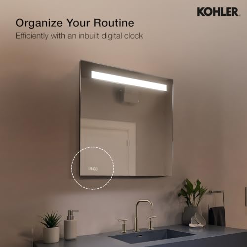 Image of Kohler Forefront Rectangular Light Mirror for Bathroom 600mm X 650mm (24 inch x 26 inch) LED Mirror for Wash Basin- Anti-Steam & Digital Mirror Clock Display - Touchless Control - High Definition Reflection