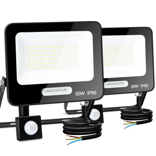 Aigostar- 50W Foco LED con Sensor Movimiento, Super Brillo Focos Exterior, 4600LM, Blanco Frío 6500K, IP65 Impermeable, Proyector LED Exterior, Perfectas para Jardín, Garaje, Patio, Paquete de 2