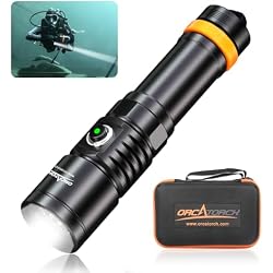 ORCATORCH D710 Dive Light, 3000 Lumens Bright Diving Flashlight, Black | 6° Narrow Beam, 4 Modes (High/Med/Low/Turbo), Power Indicator & Switch Locking Design, IP68 Waterproof for Scuba Diving