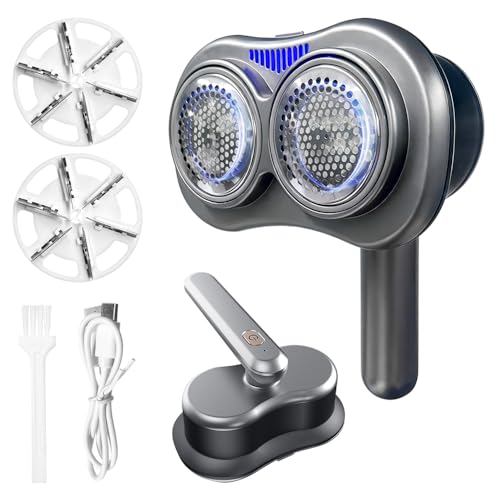 Fabric Shaver and Lint Remover, Sweater Defuzzer with 2 Double Shaving Head, 2 Replaceable Blades, Headle Rotation 90°，Battery Operated, Remove Clothes Fuzz, Lint Balls, Pills, Bobbles Gray