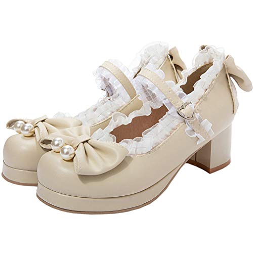 Image of LUXMAX Women Kawaii Mid Block Heel Mary Jane Rockabilly Pumps with Bow Platform Chunky Heel Cute Sweet Shoes