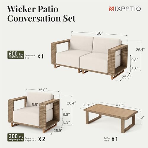 Image of MIXPATIO Patio Furniture Set, 4 Piece Outdoor Wicker Sofa Couch, Deep Seating Yellow Rattan Conversation Sets with 10-inch Thick Cushions, Low Profile Deck Backyard Lawn Furniture
