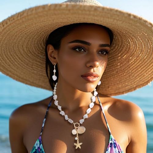 Image of Coiris Natural Seashell Choker Necklaces Earrings Jewelry Set for Women Starfish Shell Freshwater Pearl Collar Necklaces for Women Irregular Mother of Pearl Jewelry Set