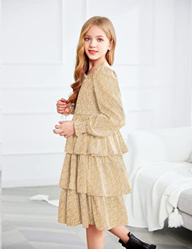 Arshiner Girls Long-Sleeve Tiered Dresses Square Neck Lantern Smocked Ruffle Layered Tie Back Dress4