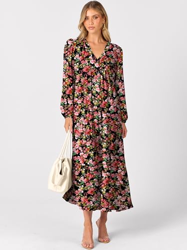 ANRABESS Womens Long Sleeve Boho Maxi Dress 2026 Fall V Neck Floral Striped Casual Loose Fit Beach Vacation Dresses Floral Black Red Small — view 4