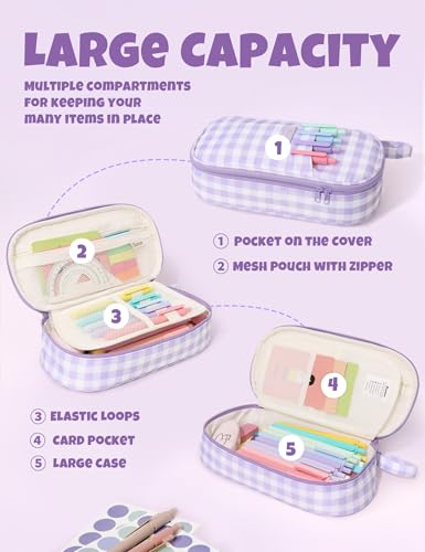 Image of SUNEE Cute Pencil Case, Large Colored Pencil Pouch, Aesthetic Pen Bag with Zipper, Kawaii Stationery Storage and Organizer, School Supplies for Teen and Adult, Boys & Girls, Purple Checkered