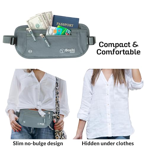 Image of Boxiki Travel Gray Money Belt + RFID Sleeves Set of 8 Pcs | RFID Blocking Secure Waist Bag, Credit Card Holders & Passport Holders for Men and Women | Keep Your Travel Essentials in Reach