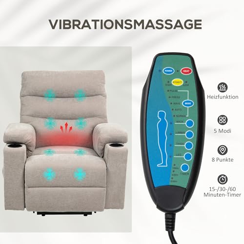 HOMCOM Relaxsessel Elektrisch Fernsehsessel mit Aufstehhilfe, Vibrationsmassage, Liegefunktion, Massagesessel mit Fußteil, 2 Motorn, Lendenwärme, Timer, Seitentasche, Becherhalter Hellbraun – Bild 6