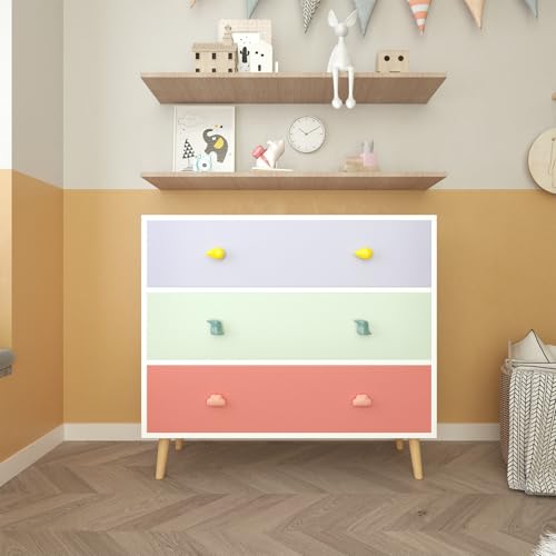 Image of 3-Drawer Chest of Drawers with Colorful Cartoon Handles, Anti-Dumping White Dresser with Solid Wood Legs,Storage Cabinet for Living Room, Closet, Apartment