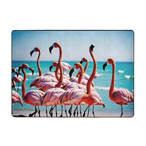 Flamingos On The Beach Print Living Room Anti Slip and Absorbent Carpet, Indoor Bedroom Bed Floor Mat, Ultra Soft Washable Carpet 80x58 in
