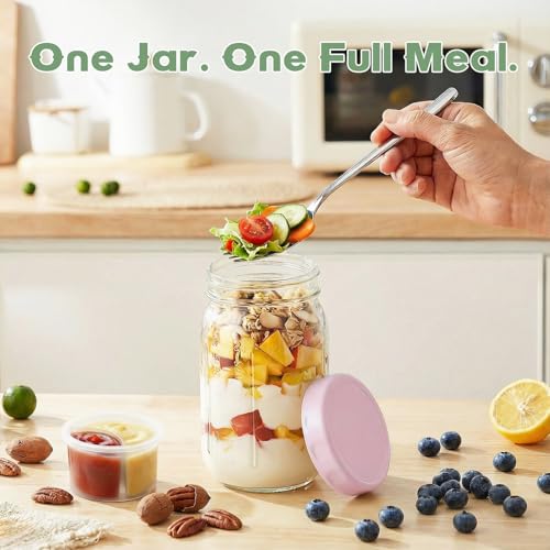 Image of Salad Jars with Lids Meal Prep Containers Glass - 32oz Leakproof Mason Jars Salad Containers with Dressing Cup for Lunch Bentgo, Full Meal Salads Lunch Containers with Spoon Forks for Adults