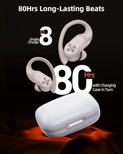 Image of PocBuds Bluetooth Headphones Wireless Earbuds 80hrs Playtime Wireless Charging Case Digital Display Sport Ear Buds with Earhook Deep Bass IPX7 Waterproof Over-Ear Earphones for Phone Laptop Beige