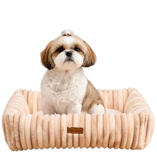 Image of Modern Threads Ribbed Plush Two-Tone Cuddler Dog Bed, Ultra-Soft Faux Rabbit Fur, Supportive Bolstered Sides, Removable Washable Cover, Bed for Small to Medium Dogs, Cream, (24 inch L x 20 inch W x 8 inch Th)