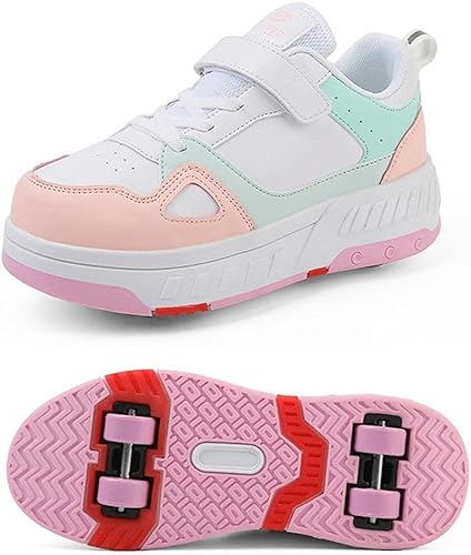 Skor med hjul infällbara tekniska skateboardskor sportskor barn rullskridskor utomhus sneakers pojkar och flickor 4 rullskor, rosa, 34 EU