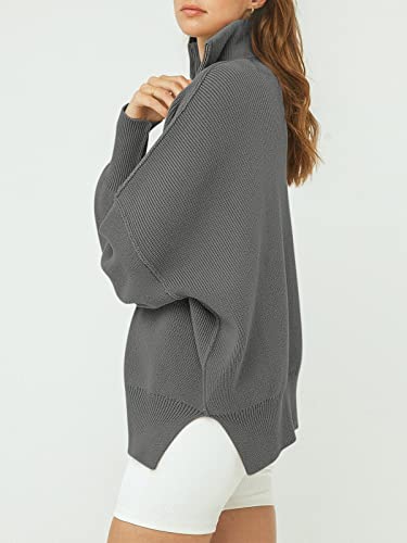 Image of ANRABESS Womens Oversized Quarter Zip Pullover Sweaters | Fall Fashion Outfits, Long Sleeve Slit Side, Baggy Loose Fit, 1 /4 Zip Lapel Collared, Ribbed Knit Soft Warm Winter Clothing