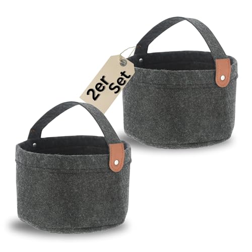 Bada Bing 2er Set Filzkorb rund anthrazit mit Henkel - tragbarer Organizer aus Filz Stoff mit Griff - Aufbewahrungskorb klein Ordnungskorb Faltkorb Korb Tasche Korbaufbewahrung fürs Regal Büro Bad