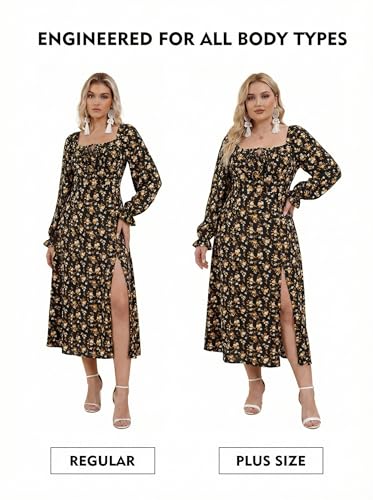 Image of BLENCOT Womens Casual Square Neck Long Sleeve Boho Floral Midi Dress Print Side Split Dresses