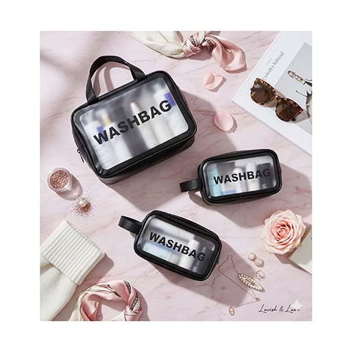 Image of Makeup Pouch Bag PVC Travel Toiletries Organizer Cosmetic Bags Wash Bag Pouch for Travel Kit Toiletry Bag Portable Organizer Case Carry Pouch for Women Bathroom Set of 3 (Black)