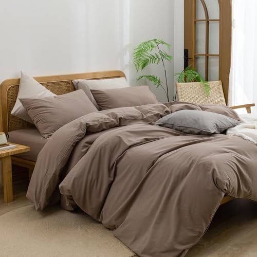 Image of BESTOUCH Cotton Solid Duvet Cover Set Pine Bark Brown Oversized Full | 100% Washed Cotton, Soft Wrinkle Texture, Hidden Zipper, 8 Ties, Breathable Lightweight Durable Comfy, 3 Pcs No Insert