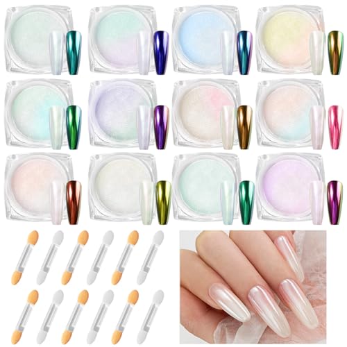 Nadinsta 12 Colores Efecto Espejo Uñas, Polvo Uñas Efecto Perlado, Blanco Perla Cromo Uñas Polvo Con 12 Palos De Sombra De Ojos, Brillo en Polvo, Shimmer Cromo Pigmento Polvo para Uñas - DIY Nail Art