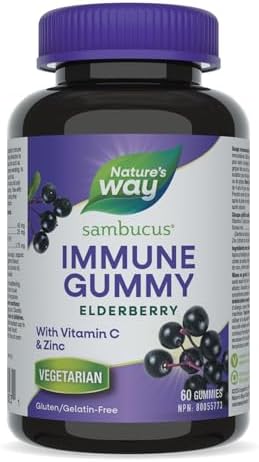 Nature's Way Sambucus Immune Support Gummies – Elderberry with Vitamin C & Zinc – Supports Immune Function and Relieves Cold & Flu Symptoms – Vegetarian, Gluten-Free for Adults & Kids 4+ – 60 Gummies