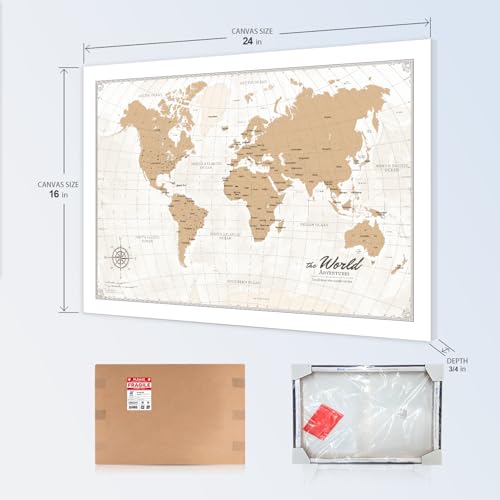 Image of IPIC - Vintage World Map Pin Board Canvas Wall Art, Travel Map with Pins Included, Ready to Hang for Home or Office, 24x16 Inch